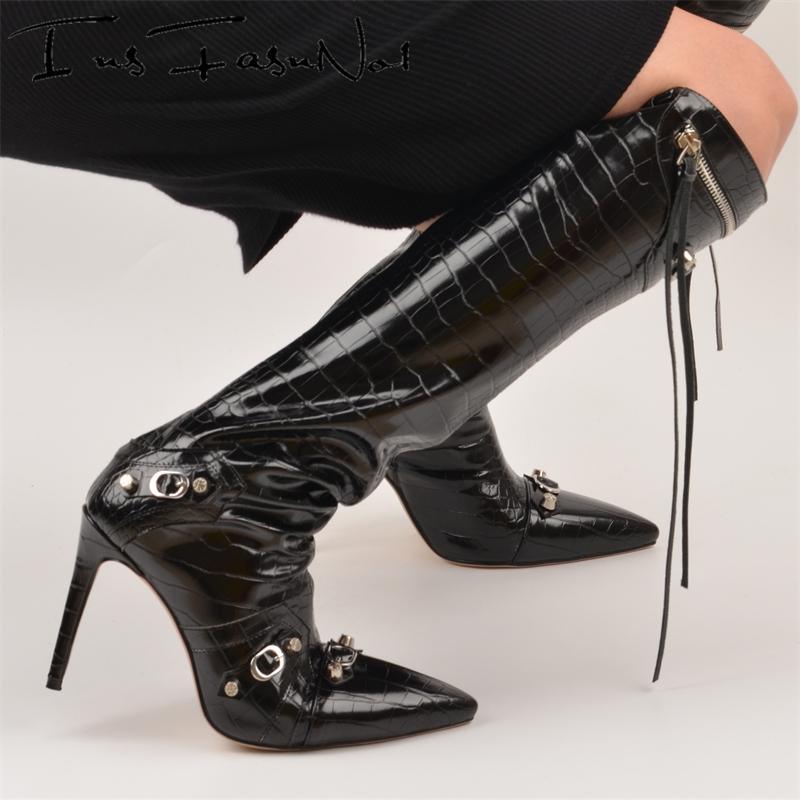 Designer Women Boots Spike High Heel Rivet Punk Motorcycle Botas Slim Tassel Black Knee Boots Buckles Zipper Decor Pointy Boots - tntwear1