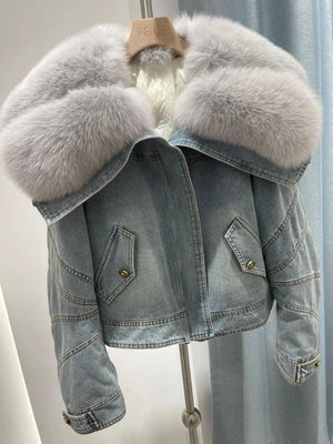 Faux Fur Neck Denim Coat For Women - tntwear1