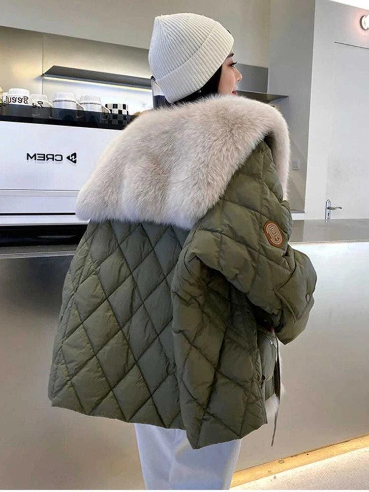 Winter Duck Down Jacket Bat Sleeve Women Oversized Coat Fluffy Faux Fur Warm Parkas - tntwear1