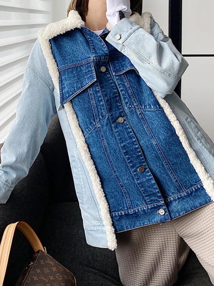 Women's Denim Coat Lamb Wool Collar Jackets - tntwear1