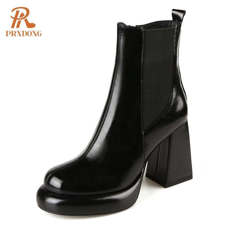 Women's Shoes Genuine Cow Leather Square Toe Black Beige Chunky High Heels Dress Office Working Ankle Boots Shoes - tntwear1