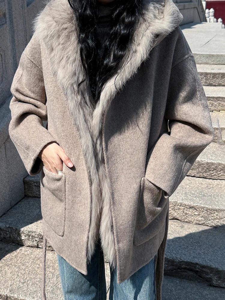 Fashion Women's Fox Fur Grass Inner Bladder Wool Coat Hooded Loose Sashes Solid Color Overcoat Winter - tntwear1