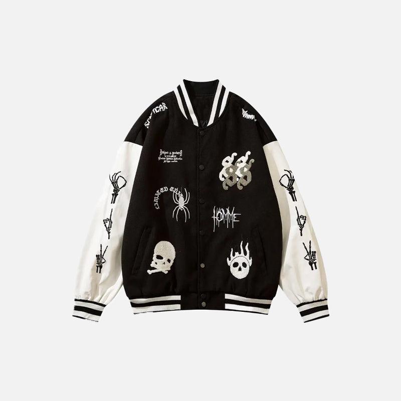 Skeleton Print Embroidery Varsity Jacket - tntwear1