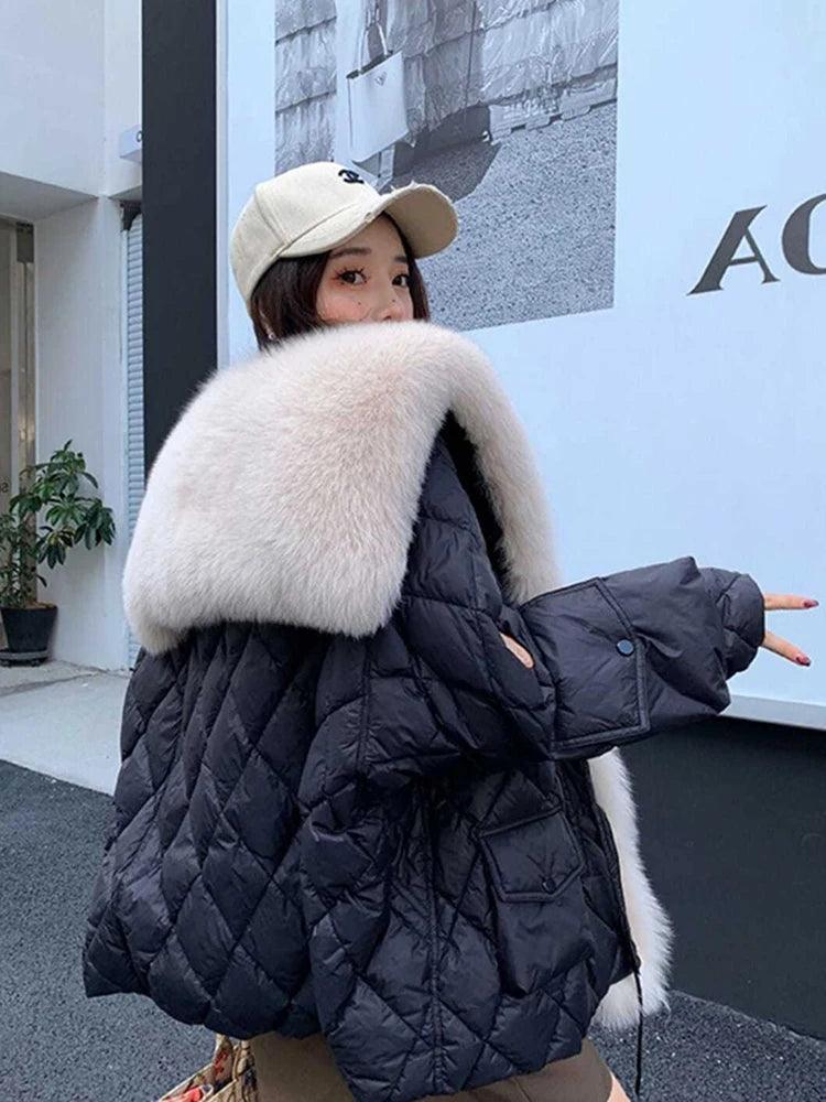 Winter Duck Down Jacket Bat Sleeve Women Oversized Coat Fluffy Faux Fur Warm Parkas - tntwear1