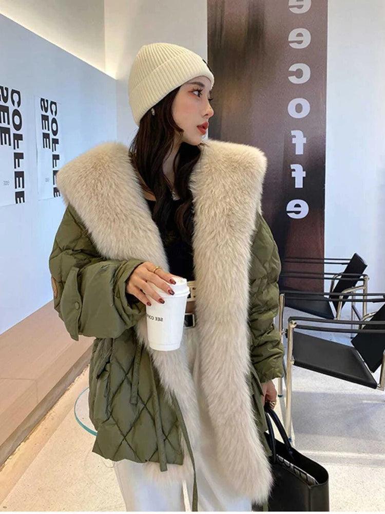 Winter Duck Down Jacket Bat Sleeve Women Oversized Coat Fluffy Faux Fur Warm Parkas - tntwear1