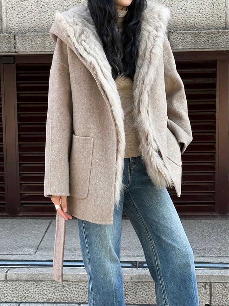 Fashion Women's Fox Fur Grass Inner Bladder Wool Coat Hooded Loose Sashes Solid Color Overcoat Winter - tntwear1