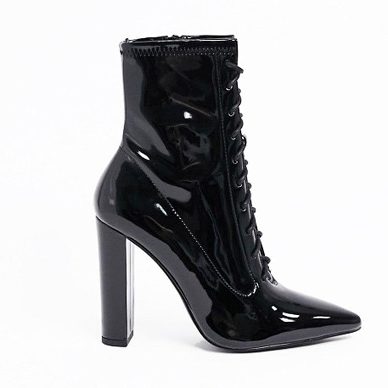 Black Patent Leather Pointed Toe Thick High Heel Short Boots Lace Up Side Zipper Large Ankle Boots Winter New Style - tntwear1