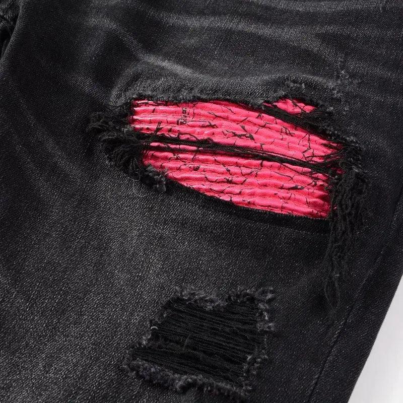 1984 Cracked Leather Patch Biker Streetwear Jeans S001 - tntwear1