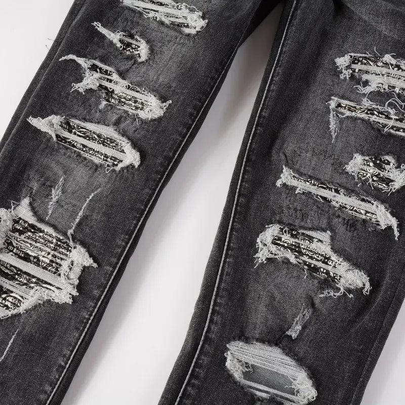 1984 Gray Distressed Holes Paisley Bandanna Patchwork Jeans 001 - tntwear1