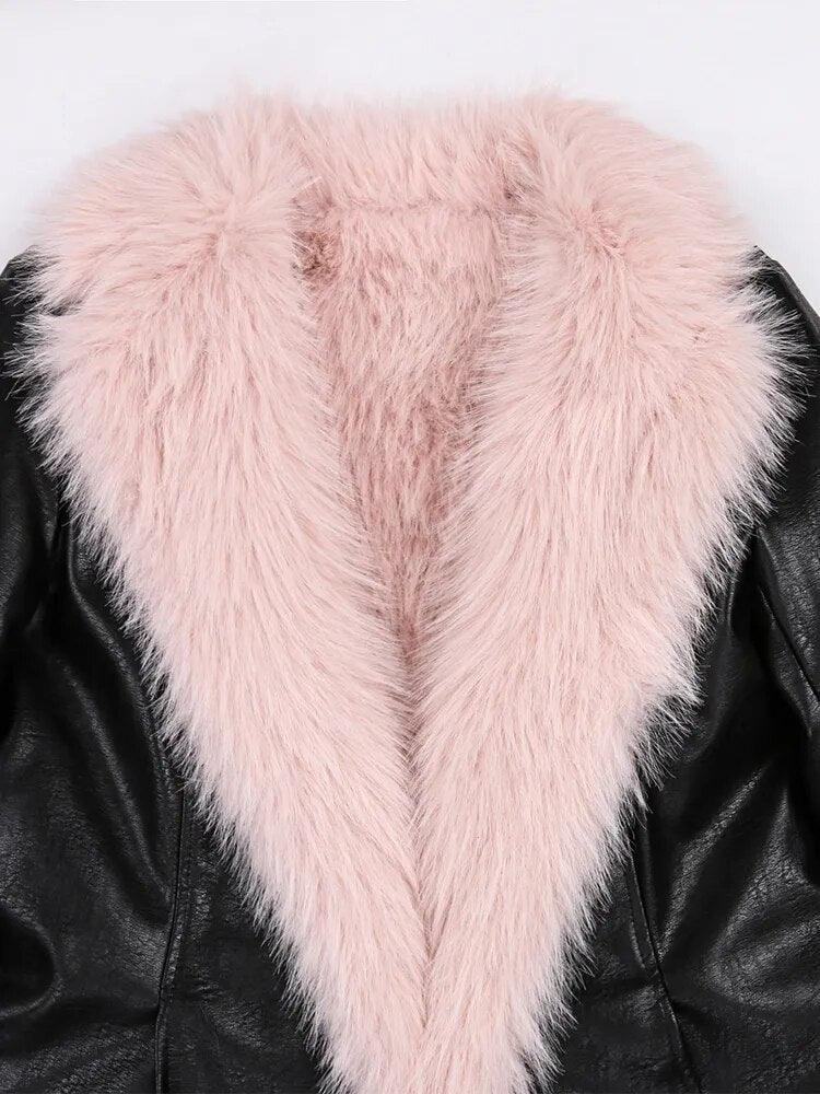 Nerazzurri Winter Long Black Fitted Thick Warm Pu Leather Coat Women with Pink Hairy Shaggy Fluffy Faux Fur Inside Runway Parka - tntwear1