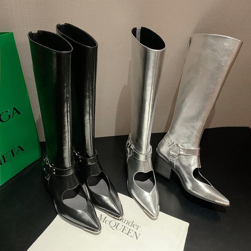 Genuine Leather Shoes Woman Knee HIgh Boots Spring Autumn Pointed Toe CHunky Heels Black Silver Dress Party Casual Shoes - tntwear1