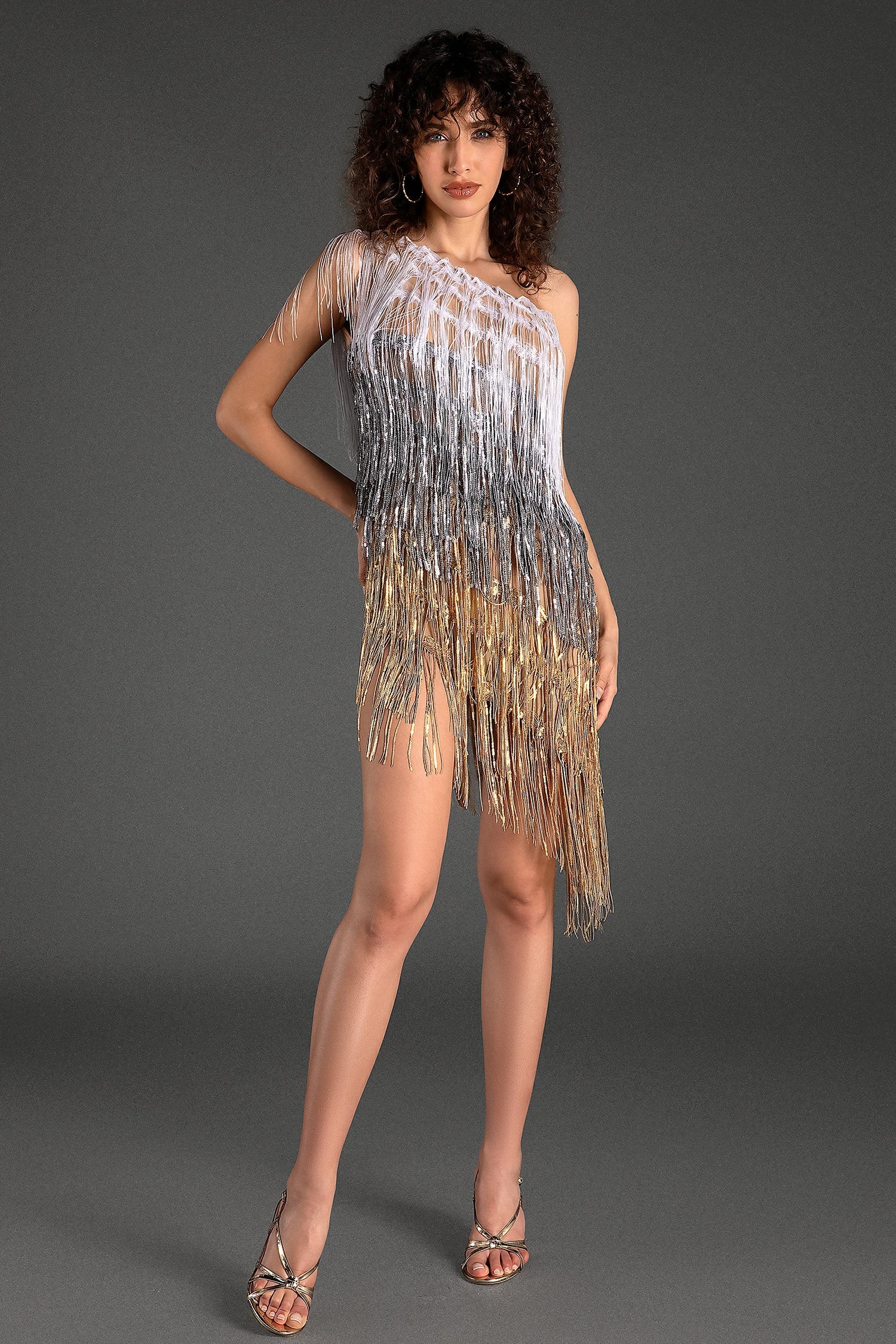 Banouli One Shoulder Fringe Glitter Dress