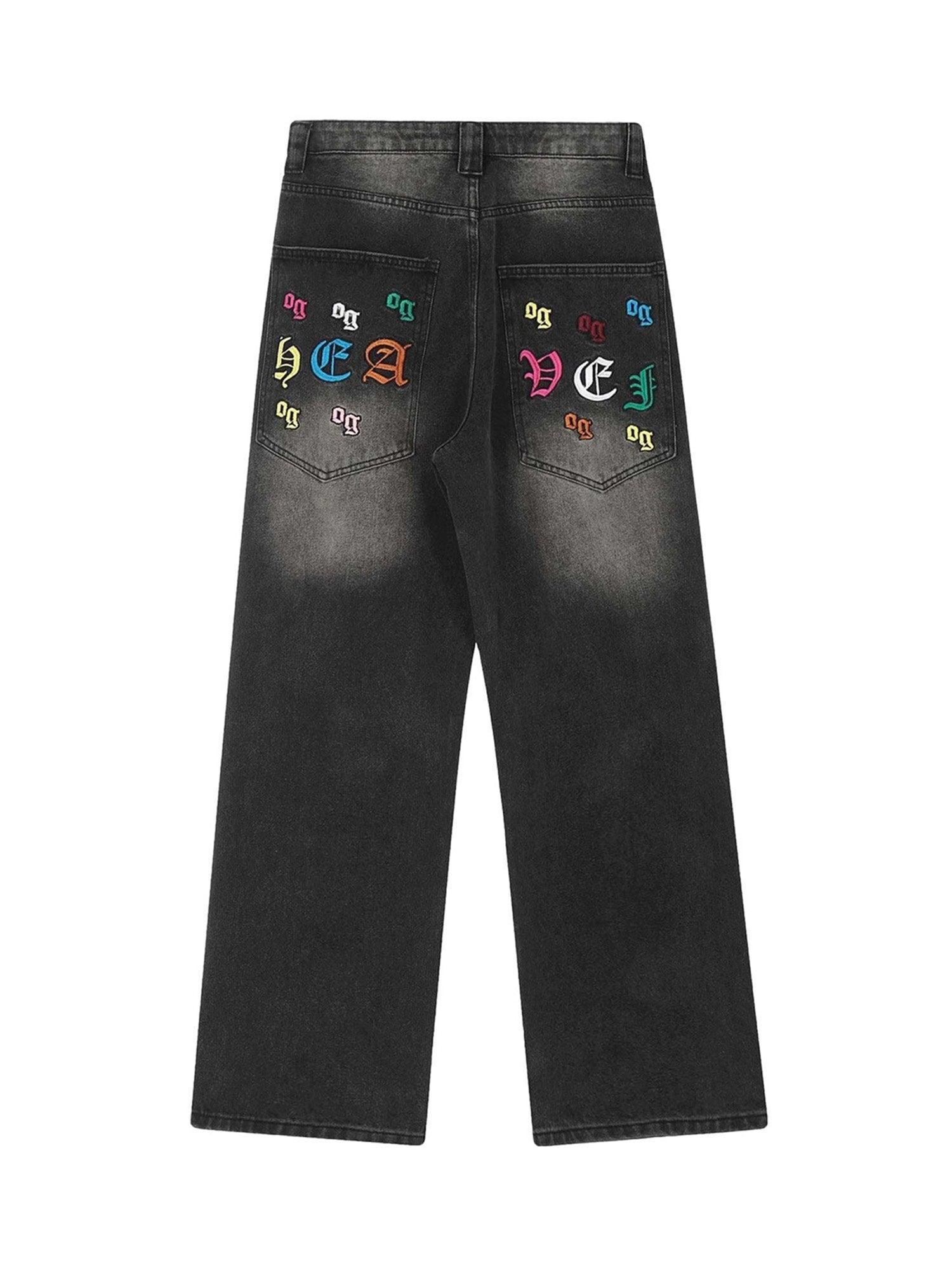 Tntwear Gothic Letter Embroidered Jeans - 1936 - tntwear1