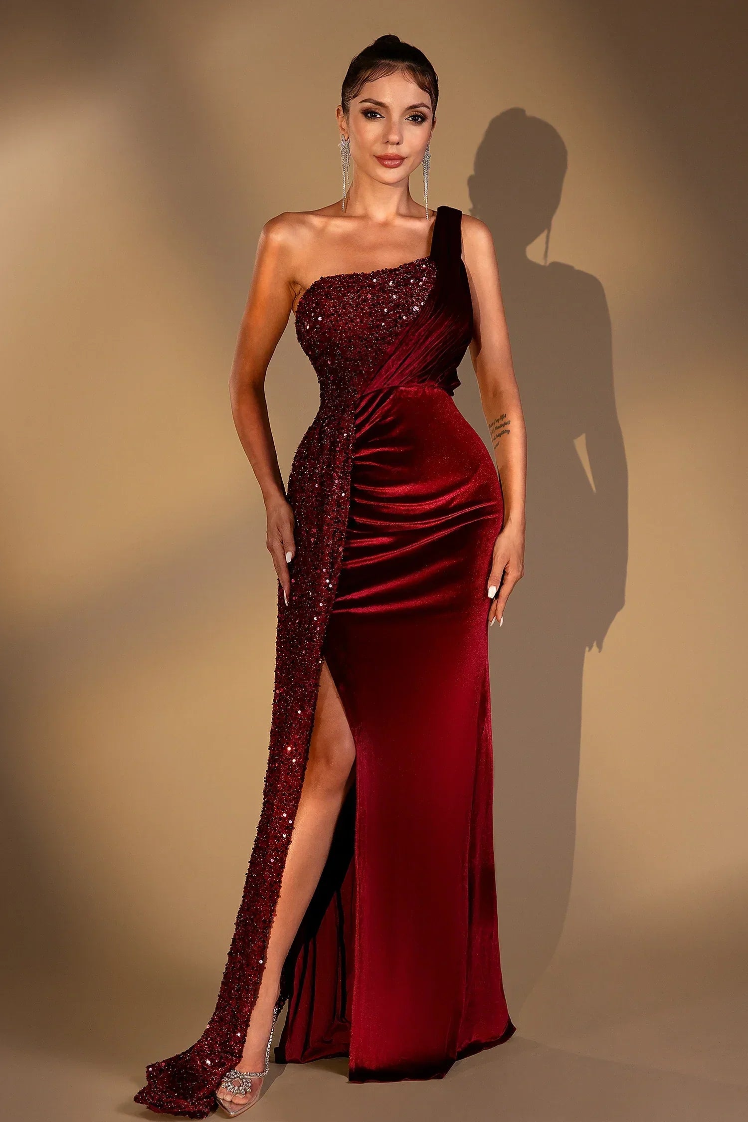 Orchid Sequin Velvet Pleat Highslit Dress