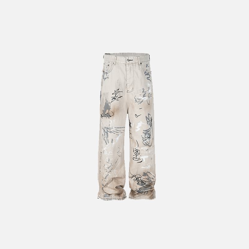 Wide-leg Washed Graffiti Painted Pants - tntwear1