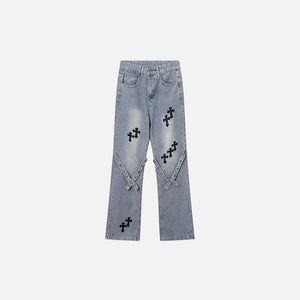 Cross Embroidered Wide Leg Jeans - tntwear1