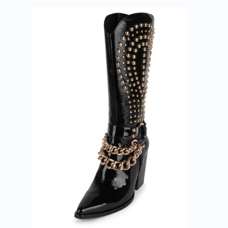 New Punk style western cowboy boots Women's Shoes Thick heel tip Rivet belt buckle Black Patent leather Plus Size - tntwear1