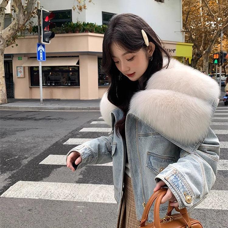 Faux Fur Neck Denim Coat For Women - tntwear1