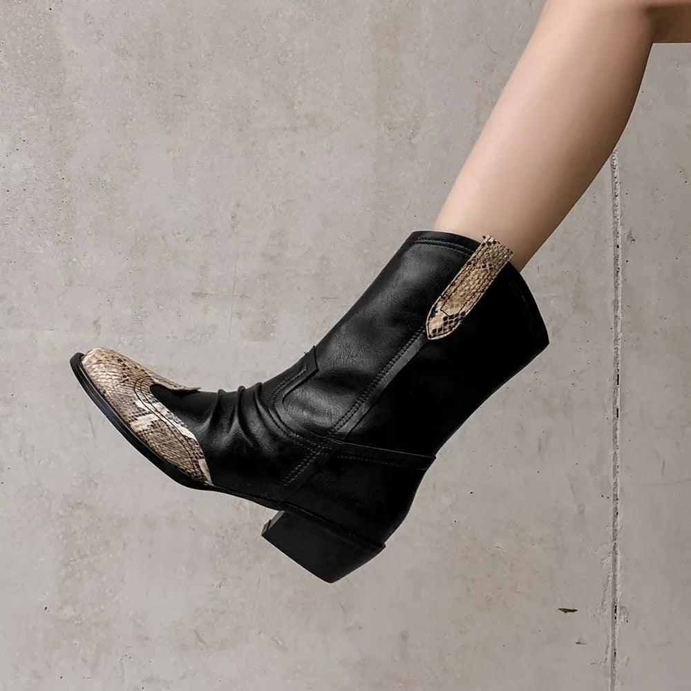 Western Women Short Boots Fashion Pleated Genuine Leather Shoes Woman Office Lady Retro Autumn Winter - tntwear1