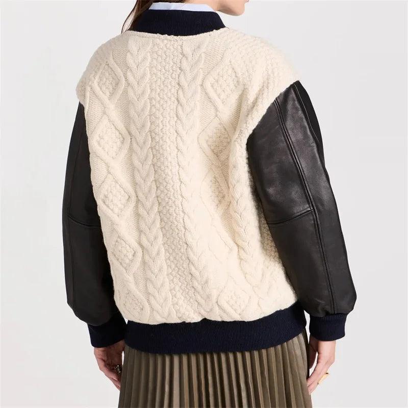 New in Korean Fashion Contrast Knit Panel down coats Wool blend long sleeved top Warm thick coat - tntwear1