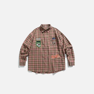 Vintage Loose Plaid Badges Shirt - tntwear1