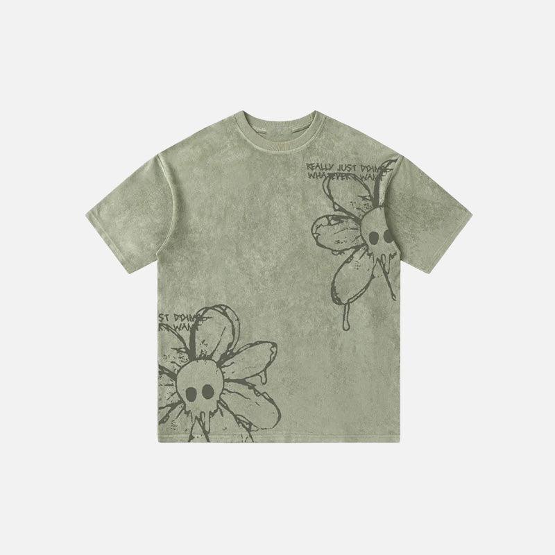 Washed Flower Floral Skull Graphic T-Shirt - tntwear1