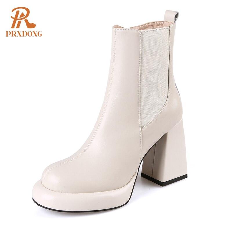 Women's Shoes Genuine Cow Leather Square Toe Black Beige Chunky High Heels Dress Office Working Ankle Boots Shoes - tntwear1