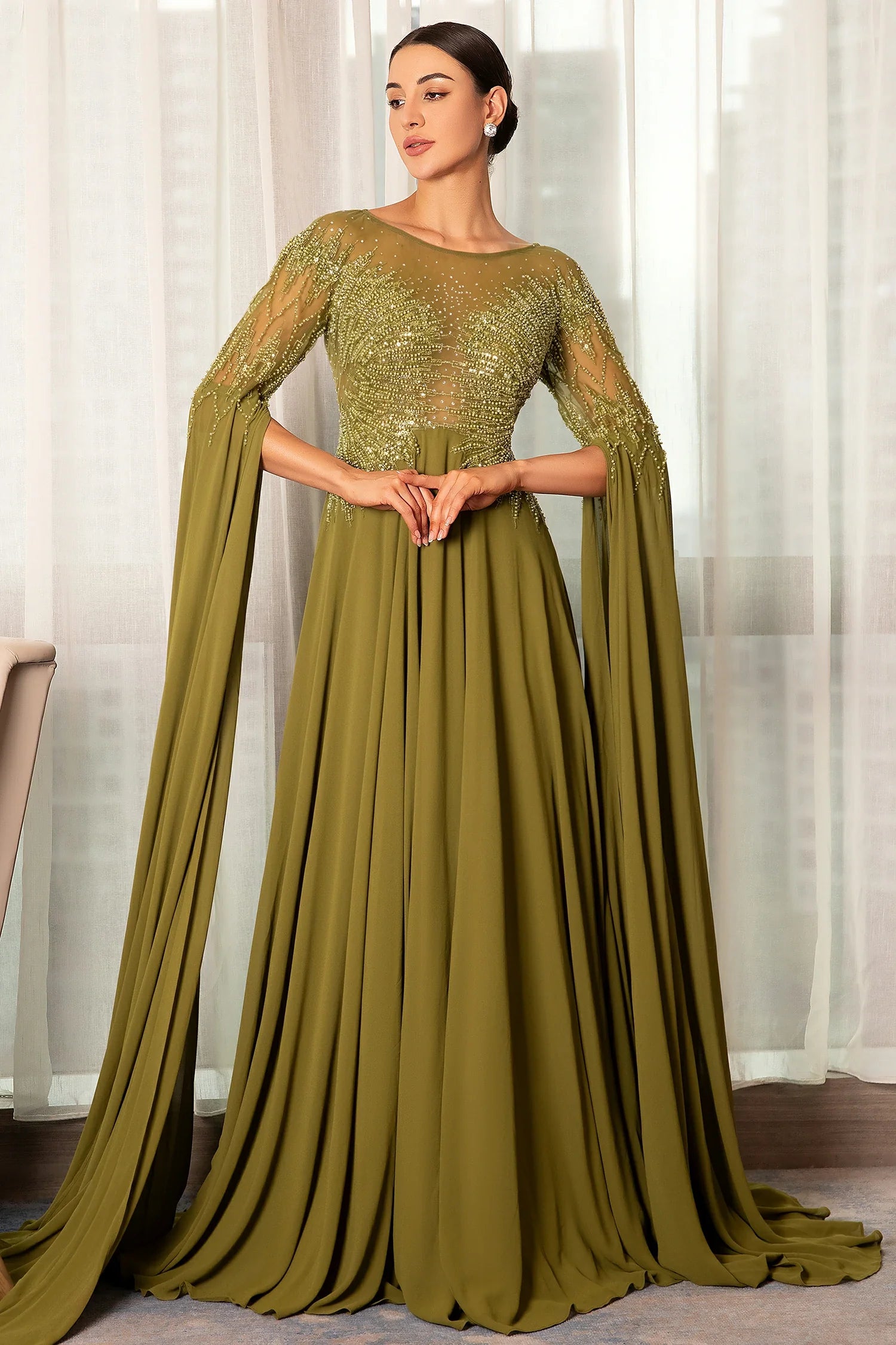 Vasciadi See-Through Cape Embroidered Evening Gown Dress