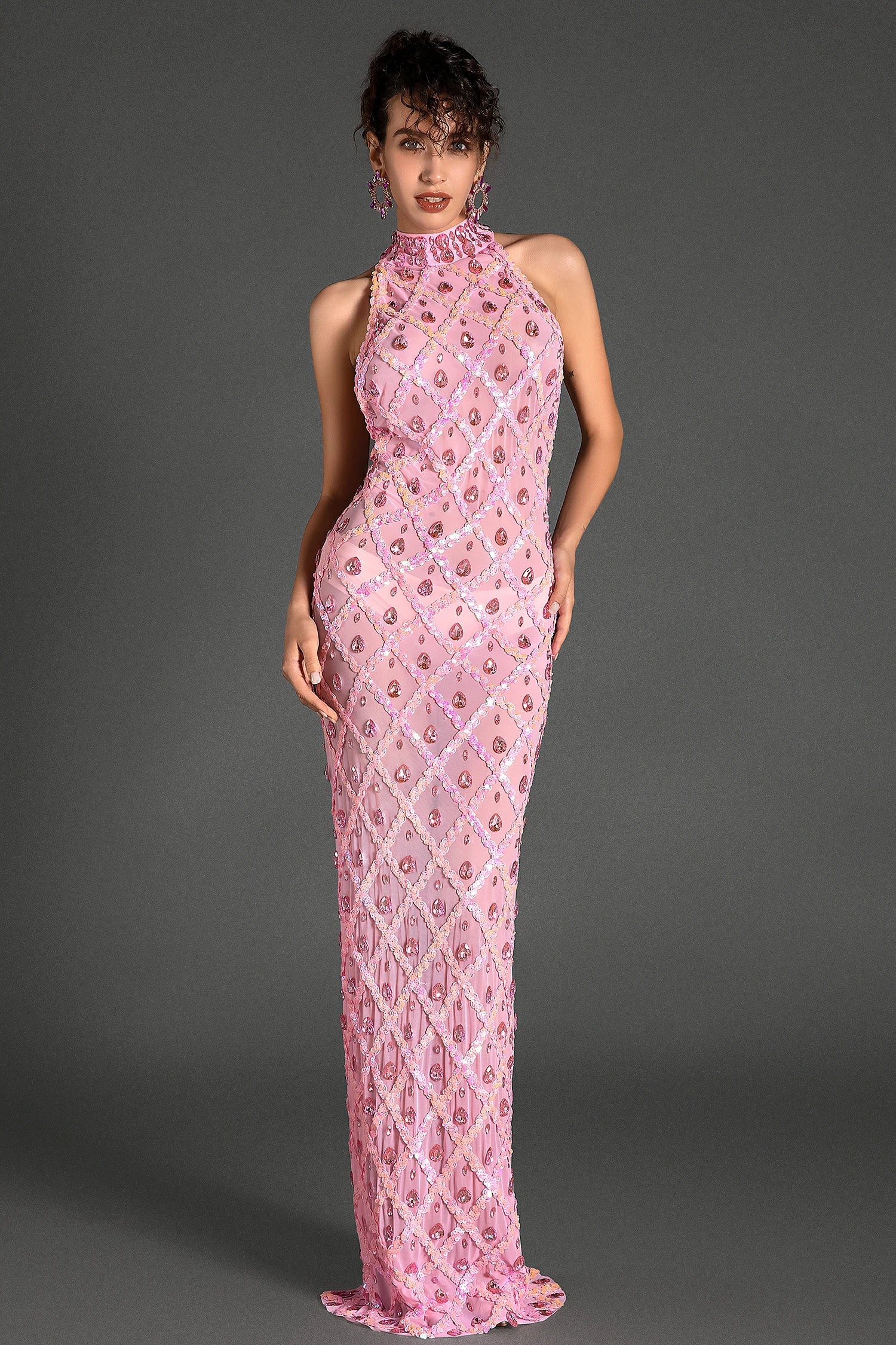 Vasilis Diamond Halter Neck Mermaid Dress In Pink