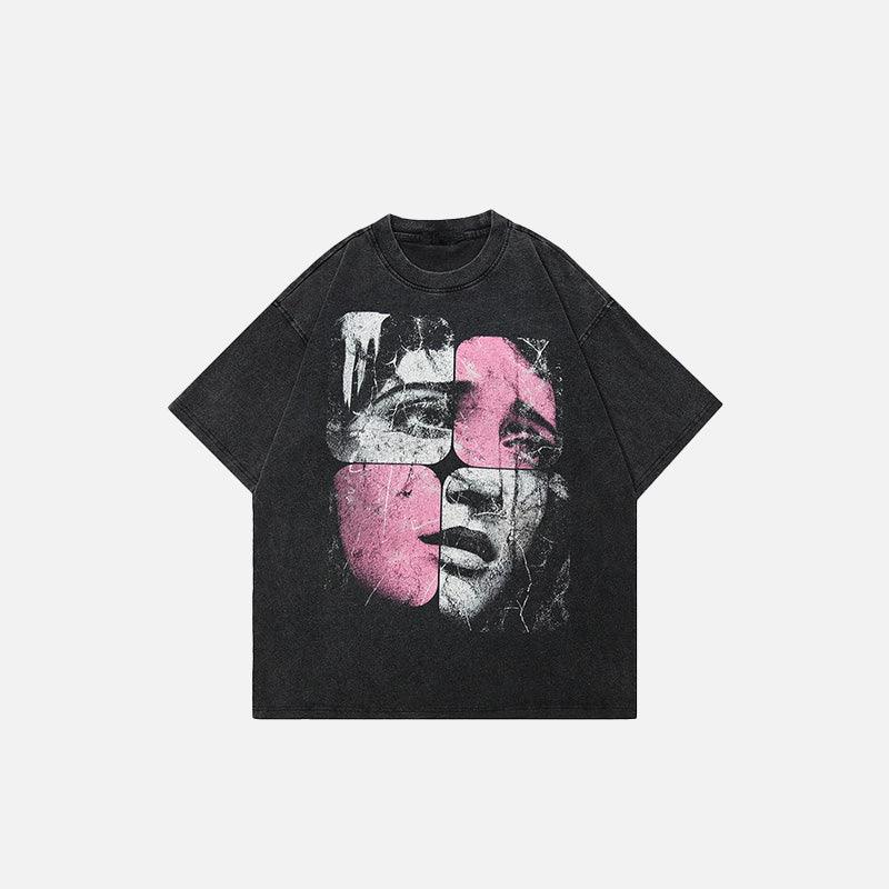 Washed Puzzle Face Printed T-shirt - tntwear1