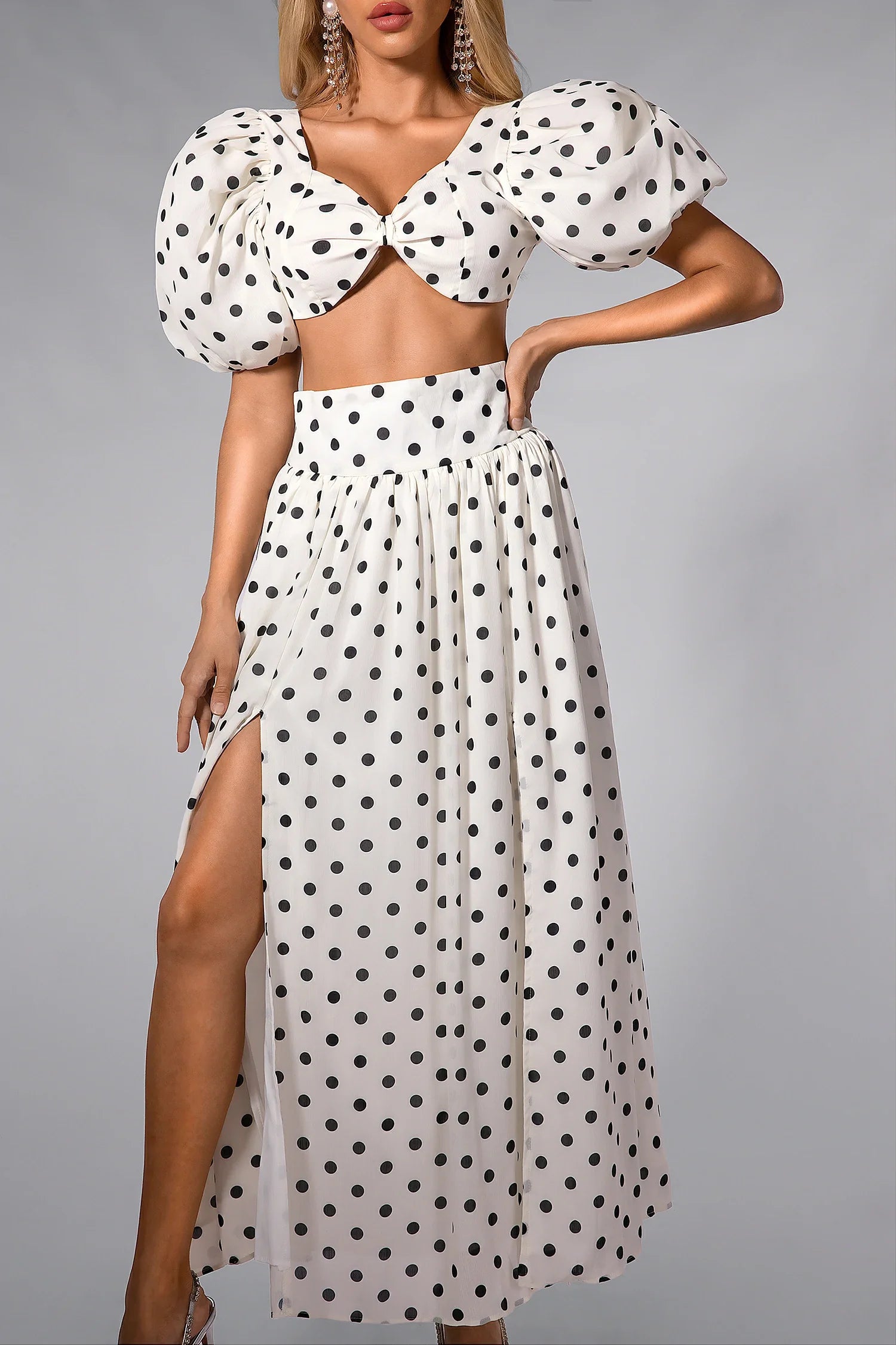 Olinda Polka Dot Mini Top with High Slit Skirt Set