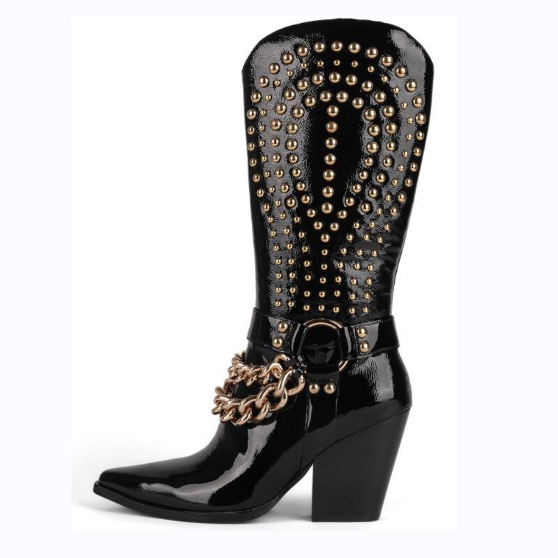 New Punk style western cowboy boots Women's Shoes Thick heel tip Rivet belt buckle Black Patent leather Plus Size - tntwear1