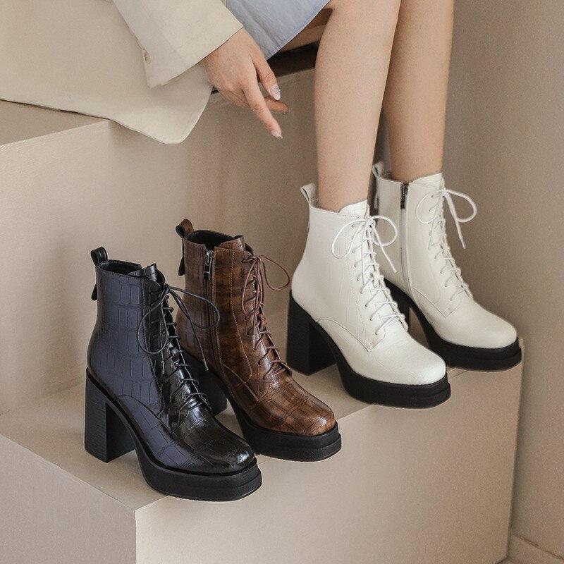 Women Ankle Boots Retro Fashion Office Ladies Chunk Platforms Thick High Heels Genuine Leather Shoes Autumn Winter - tntwear1