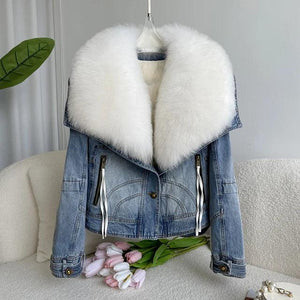 European Winter New Fox Fur Big Fur Collar Denim Down Jacket Short Casual White Goose Down Warm Jacket Women Parka - tntwear1