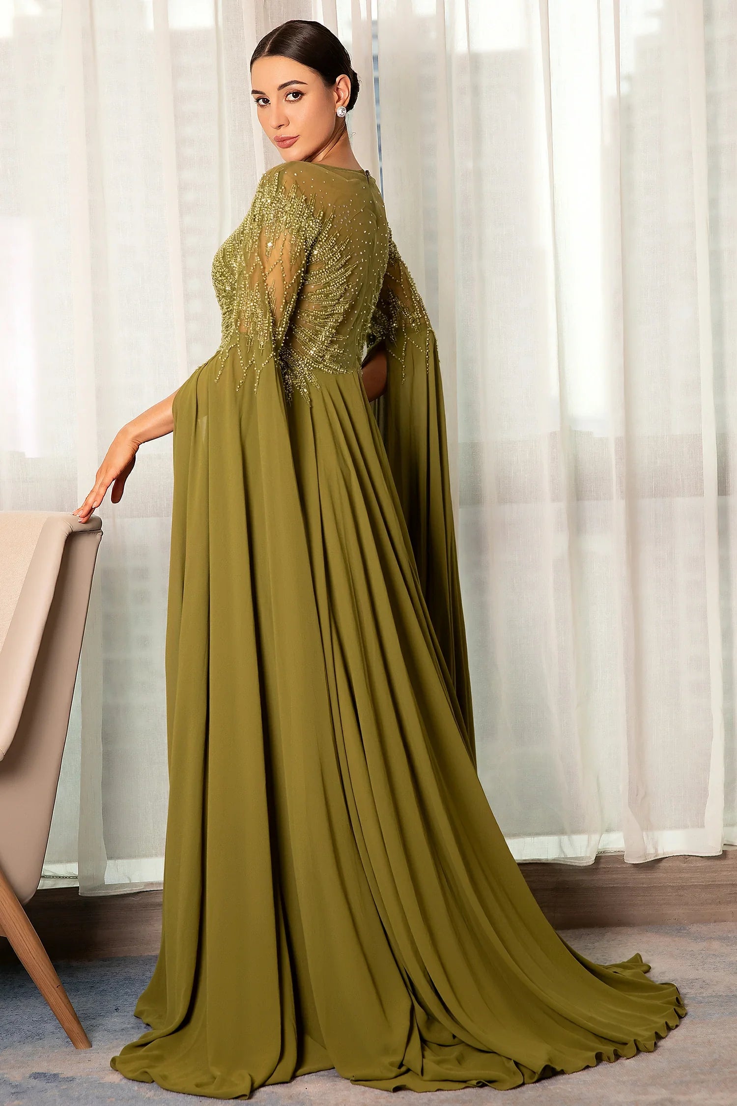 Vasciadi See-Through Cape Embroidered Evening Gown Dress