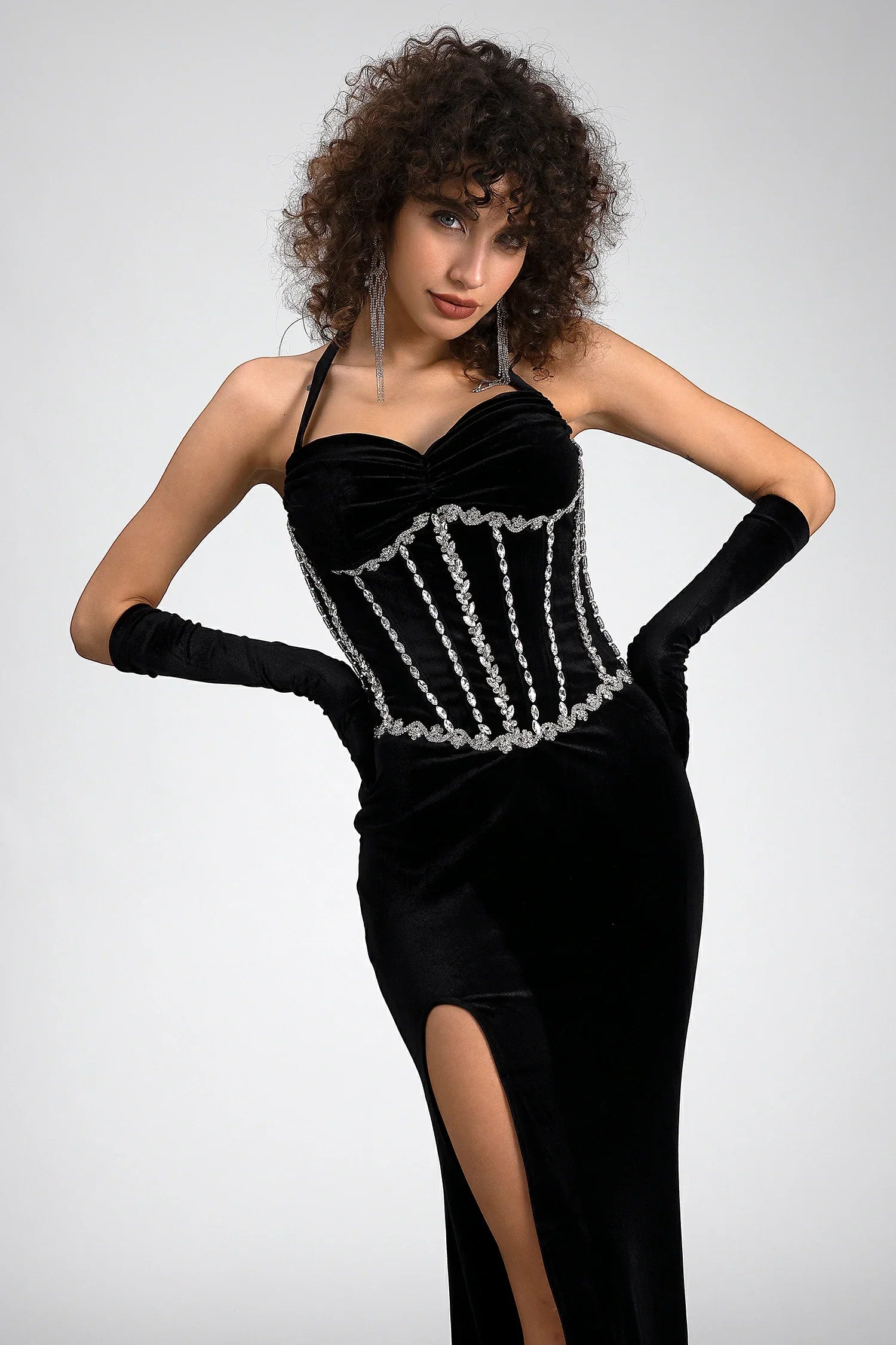 Zinovia Halterneck Corset Velvet Dress With Gloves