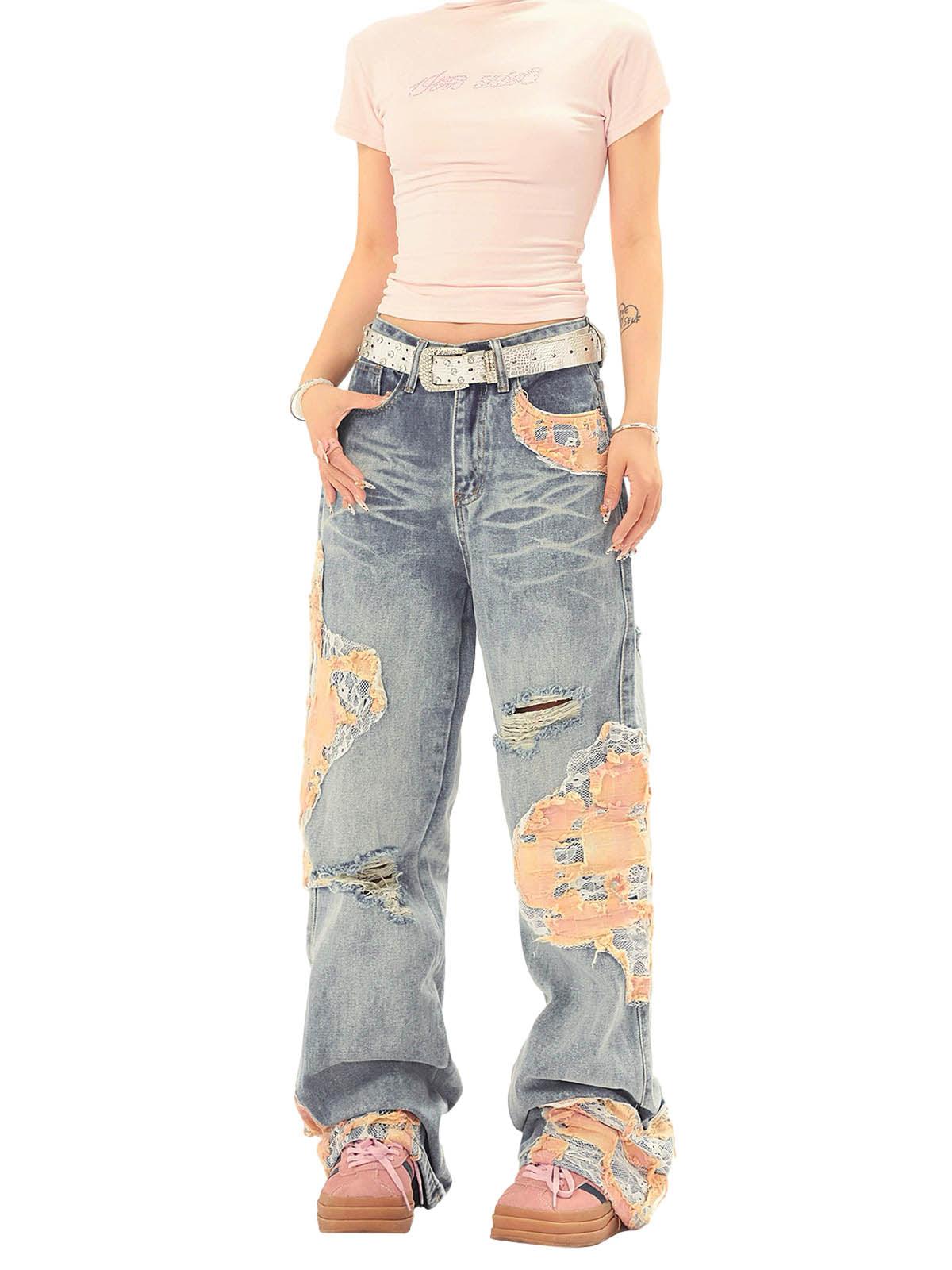 Tntwear Vintage Lace Patchwork Baggy Jeans - tntwear1