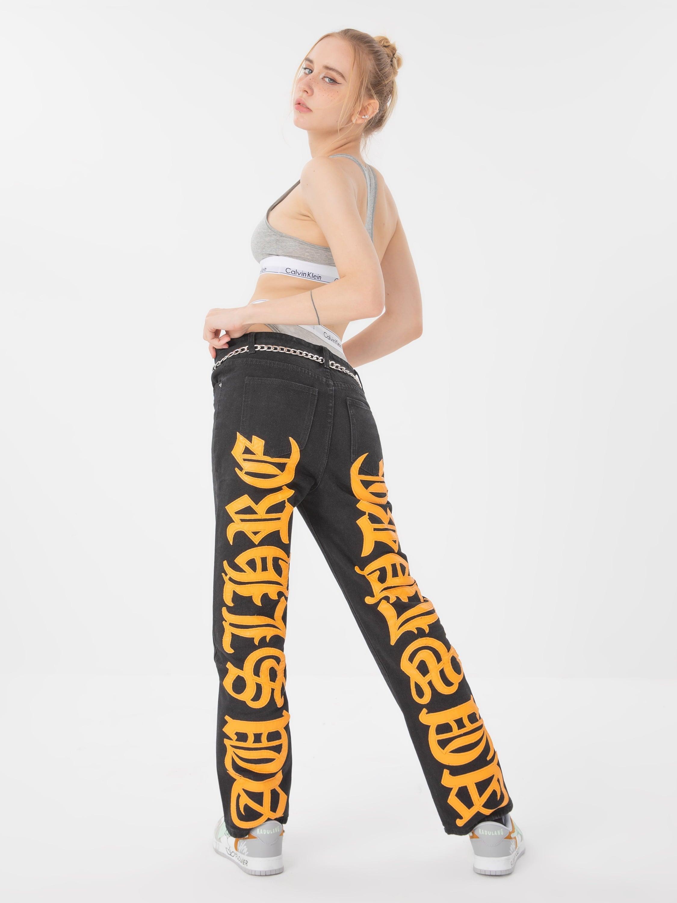 1984 American High Street Burning Text Embroidered Letters Jeans -1478 - tntwear1