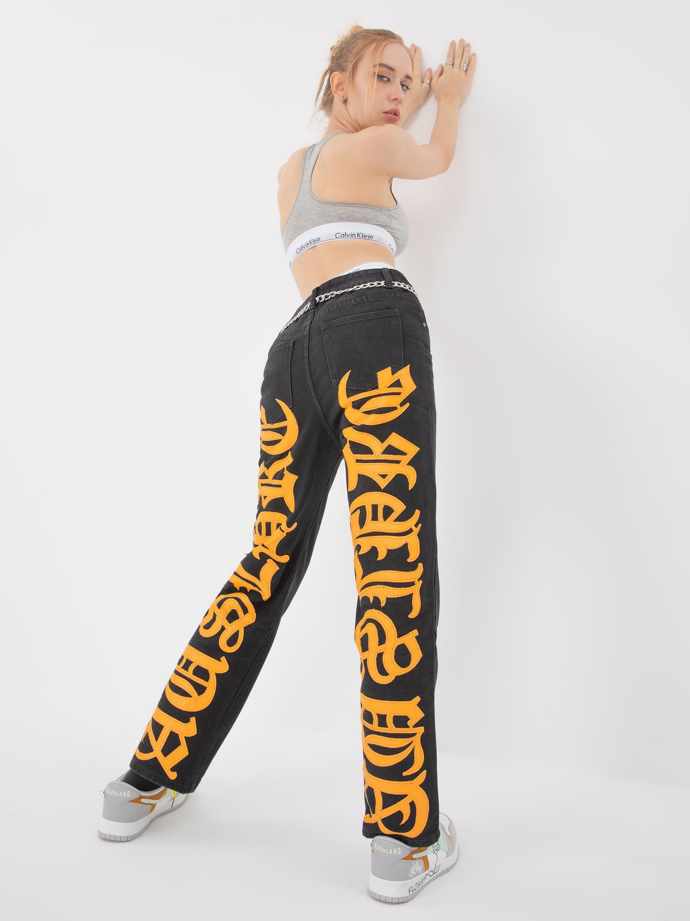 1984 American High Street Burning Text Embroidered Letters Jeans -1478 - tntwear1