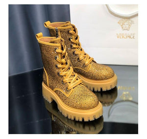 Leather Full Rhinestone Round Toe Thick Bottom Thick Heel Increased Side Zipper Lace-up Martin Boots - tntwear1