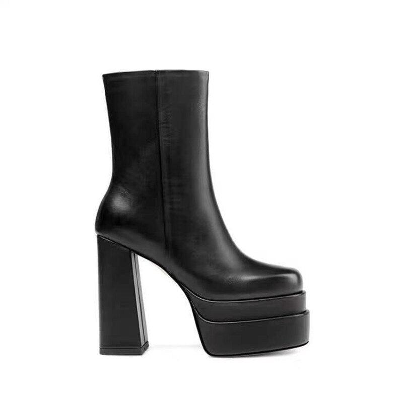 Early Autumn New Leather Square Head Thick High Heels Women's Bare Boots Side Zipper Increased Large 43 Short Boots - tntwear1