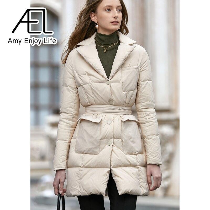 Medium Length Temperament Slim Down Jacket Women's New Suit Collar Waist Cotton Jacket - tntwear1