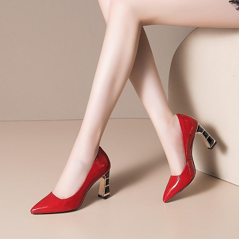 Celebrity High Heels Electroplated Metal Pointed Single Shoes Black Thick Heels Real Leather Shoes Children Summer Women's Shoes Soft Leather - tntwear1