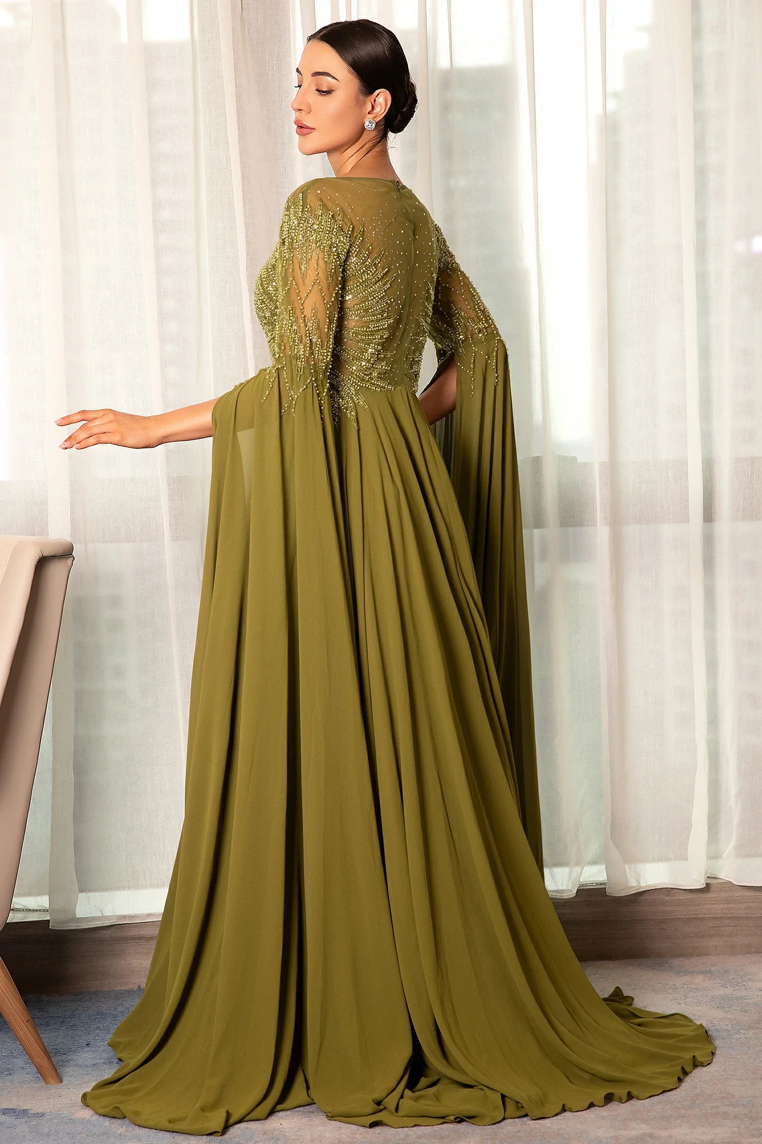 Vasciadi See-Through Cape Embroidered Evening Gown Dress