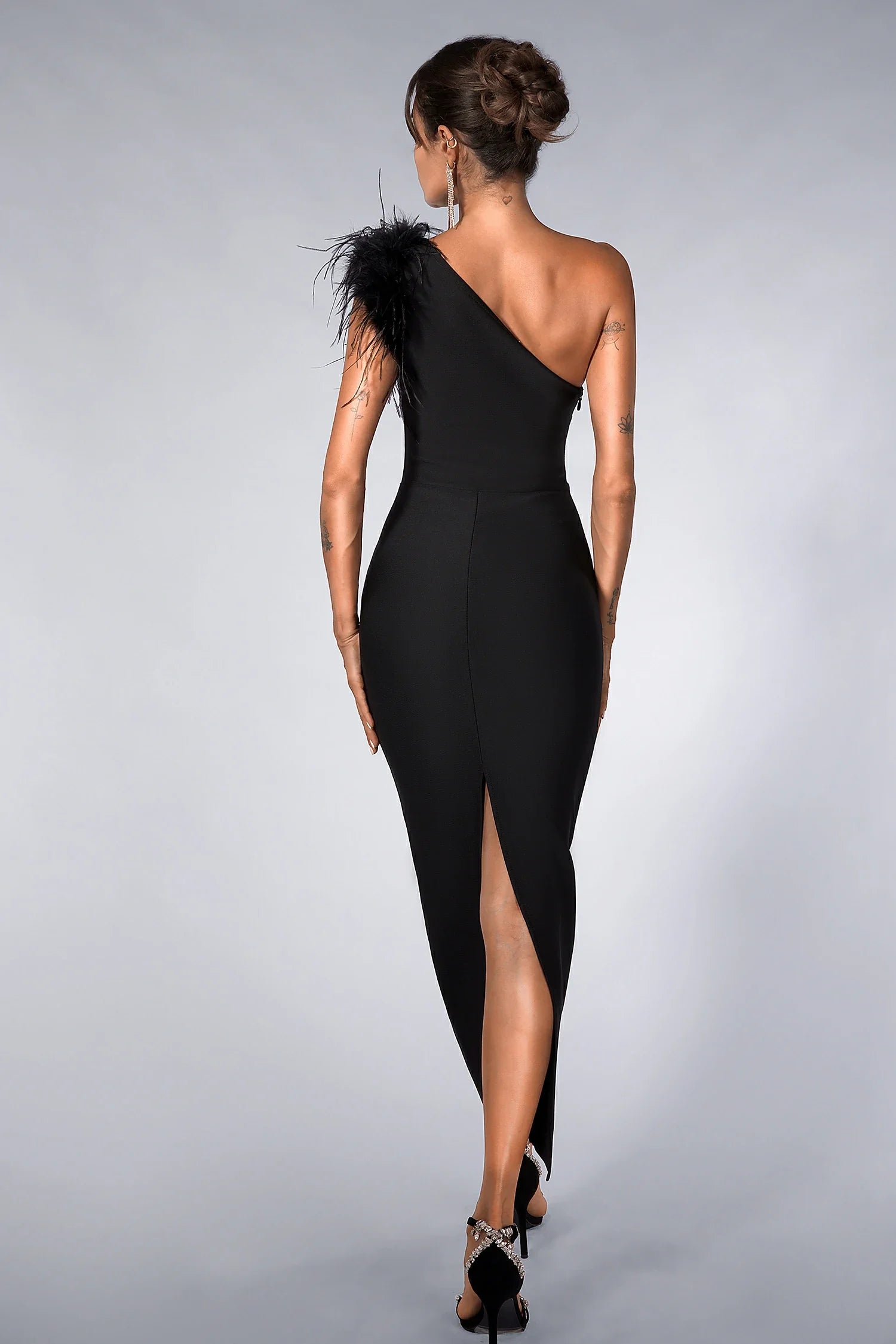 Casandra Feather One Shoulder Black Dress