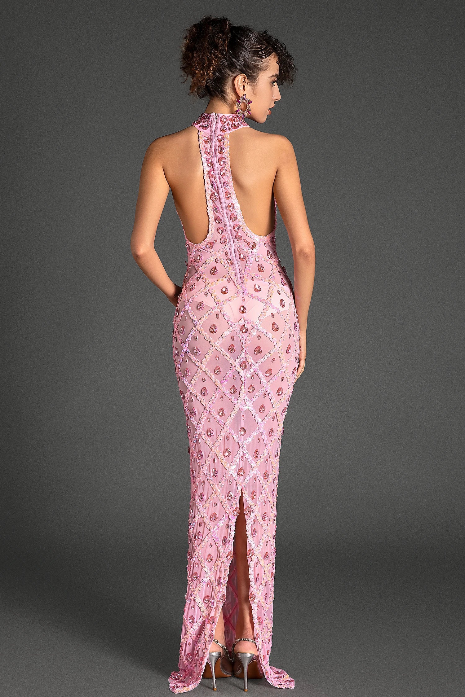 Vasilis Diamond Halter Neck Mermaid Dress In Pink