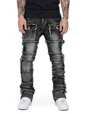 Tntwear Stretch Patch Layered Bootcut Stacked Jeans - tntwear1