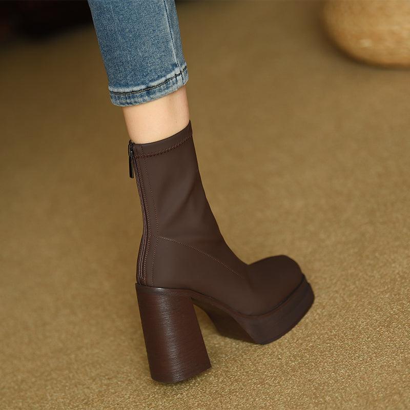 Elastic Slim Boots Thick Heel Short Boots Women's New High Heel Shoes Autumn Winter Thick Sole Square Head Women's Boots - tntwear1