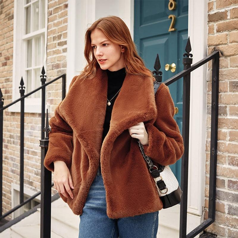 Caramel Fashionable Large Lapel Fur Coat Women's - tntwear1