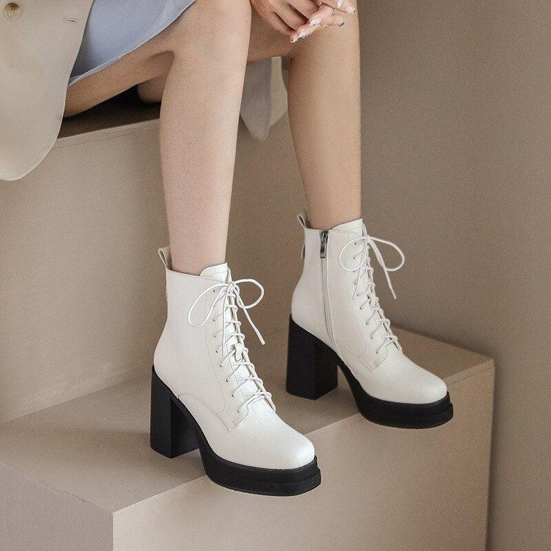 Women Ankle Boots Retro Fashion Office Ladies Chunk Platforms Thick High Heels Genuine Leather Shoes Autumn Winter - tntwear1